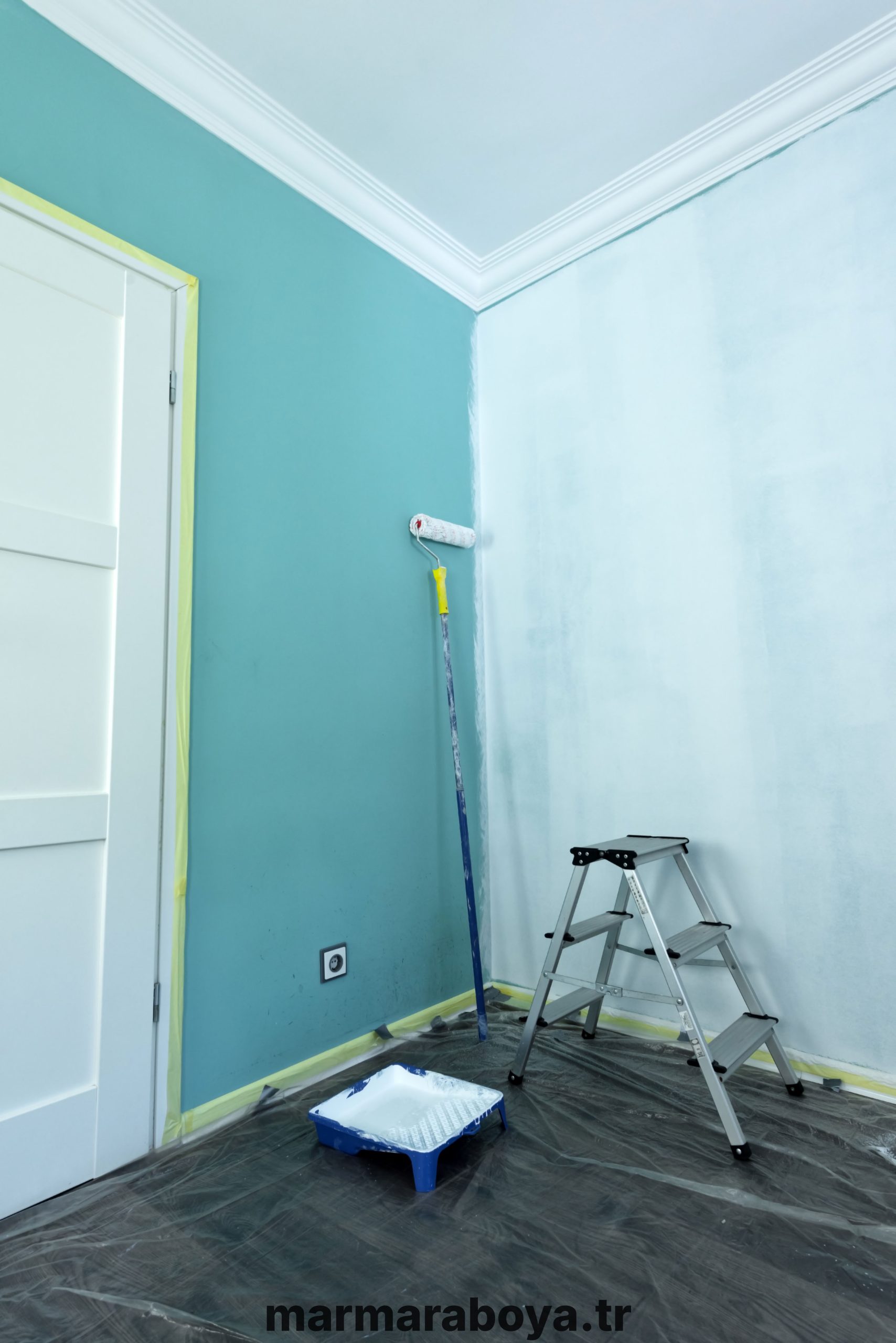 Painting tools on wall background. Improvement interior concept